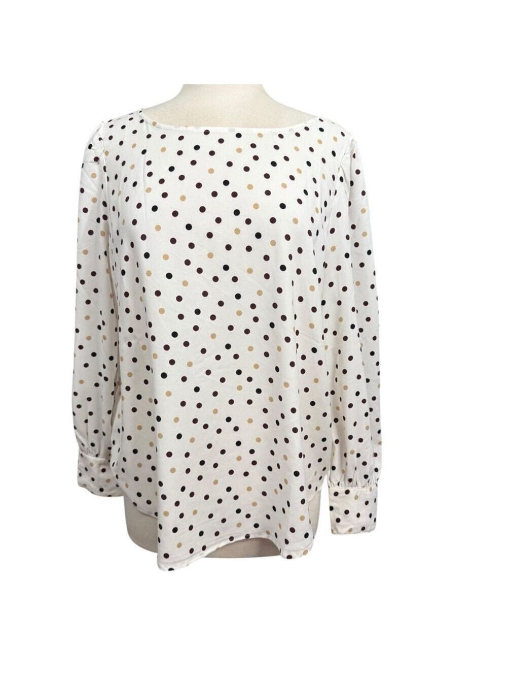 Ann Taylor Blouse Size L White Polka Dot Long Sleeve